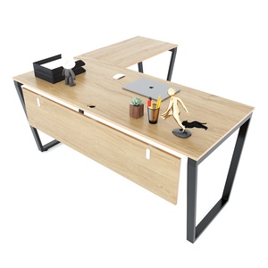 Bureau de direction en forme de L, design minimaliste et luxueux avec pieds en fer trapèze, contreplaqué mélaminé HBTC039 pour chambre et bureau - Product Image 1