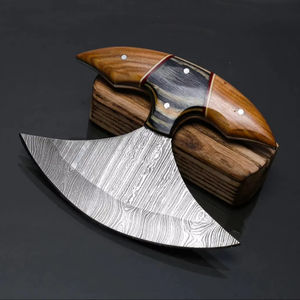 Damascus Steel Carbon Steel Alaskan Ulu <b>Knife</b> Wooden Stand Custom Forged <b>Slicing</b> Kitchen Handmade OEM Professional Ambidextrous - Product Image 1