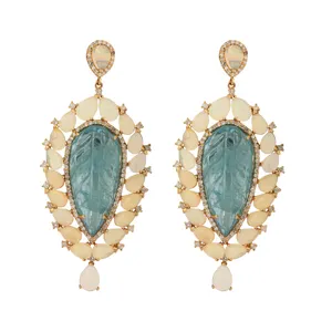 14k Solid Yellow Gold 1.50 Carat Pave Diamond Opal Aquamarine Carving Dangle Earrings For Women Gemstone Fine Jewelry Supplier