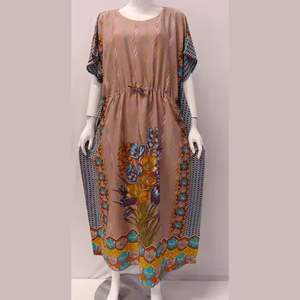 Casual Simple Floor-Length Floral Sweet Oversized Kaftan Short Sleeve <b>Dress</b> Drawstring Elastic Waist High Premium Rayon - Product Image 3