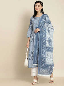 Kurta tradicional de algodón estampado azul con pantalones y dupatta, cuello redondo, mangas tres cuartos, 2 bolsillos, ropa de fiesta - Product Image 2