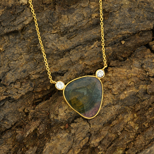 Collar con Colgante de Diamante Blanco Natural de 0.15CTW, Oro Amarillo Real de 14k, Forma de Sandía, Gema de Turmalina, para Mujer - Product Image 1