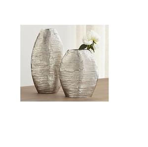 Jarrón de Aleación de Aluminio Premium Plateado - Moderno Contenedor de Flores Ovalado de Metal Texturizado Hecho a Mano, Maceta de Aluminio al por Mayor - Product Image 1