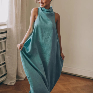 Vestido largo elegante de verano para mujer, vestido cruzado de lino azul y verde con bolsillos, cinturón, cuello alto, de talla grande para bodas - Product Image 2