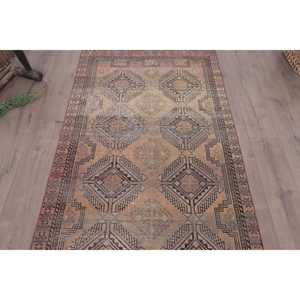 3.5x6.46 ft Accent Vintage Rug, Turkish Rug, <b>Brown</b> Red Ikat <b>Wool</b> Rug - Product Image 3