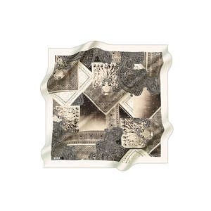Satin Silk Square Scarf with Ethnic Pattern Beige and Black Designer Scarf for Spring - Product Image 1