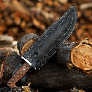Couteau Bowie de chasse et de camping à lame fixe pleine longueur en acier inoxydable fait main, à bord dentelé, avec manche en bois et étui en cuir - Product Image 5