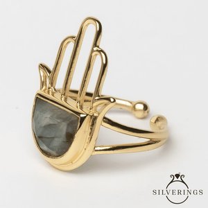Anillo de la Suerte Hamsa de Plata de Ley 925 con Bisel de Labradorita Dorada para Regalo - Product Image 2