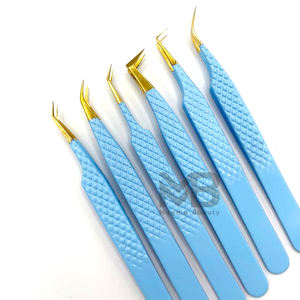 Pince à épiler d'extension de cils à prise en diamant doré enduit de couleur bleu clair - Product Image 4