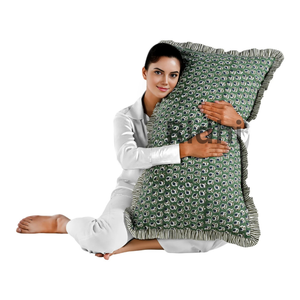 Housse de coussin lombaire à volants RIDHI 20x36" vert basilic, imprimé floral en coton fait main, amovible et lavable en machine - Product Image 1