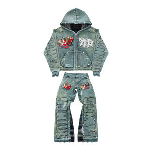 ชุดวอร์มผู้ชายแบบสั่งทำพิเศษ เสื้อฮู้ดประดับเพชรเทียม กางเกงวอร์มขาบานทรงหลวมขนาดใหญ่พิเศษ - Product Image 1