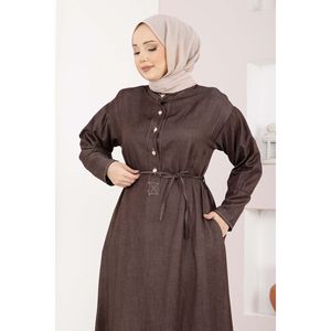Robe marron en denim Tencel à demi-boutonnage et ceinture, coupe droite, style streetwear modeste et sexy, idéale pour les soirées d'été, coupe ajustée - Product Image 2