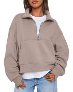 Beige Half Zip Crop Fleece Sweatshirt <b>Women</b> Oversized <b>Warm</b> Winter Pullover With Pocket Soft Casual Cozy <b>Top</b> - Product Image 1