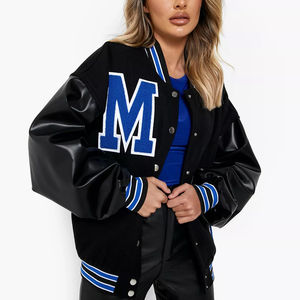 Best Quality Street Wear Style <b>Denim</b> Material Made Women Crop Varsity <b>Jacket</b> Leather Sleeve Crop Varsity <b>Jacket</b> for Women OEM - Product Image 1