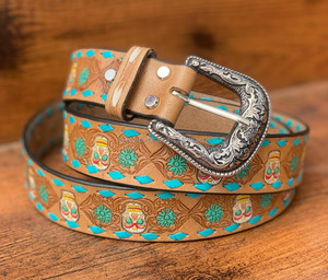 New Handmade Stylish Turquoise Hand <b>Tooled</b> Leather Western <b>Belts</b> Personalized Genuine Leather Floral Design Unisex Waist <b>Belts</b> - Product Image 2