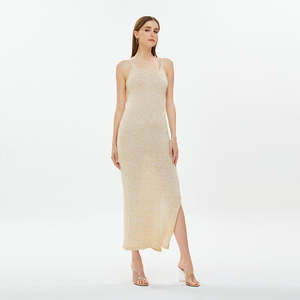 Nuevo Vestido de punto de algodón 100% con patrón sólido de verano para mujer-Maxi transpirable Casual Slip Backless Skinny tejido largo para fiestas - Product Image 3