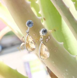 Pendientes de Plata de Ley 925 con Citrino Amarillo y Topacio Azul Tallados a Mano, Pendientes Colgantes de Citrino - Product Image 2