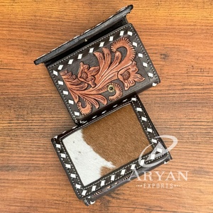 Cartera de triple pliegue corta personalizada con herramientas manuales para hombre, tarjetero de cuero de vaca genuino, carteras con bloqueo RFID, carteras para hombre - Product Image 1