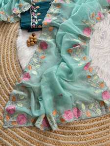 Saree de soirée de créateur avec belle mousseline de soie lourde brodée séquence de travail saree de mariage en soie - Product Image 3