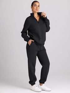 Trendy Winter Queen Womens Solid Vintage 2-Piece Eco-Friendly Long Sleeve Half Zip Sweatshirts & Above <b>Knee</b> Fleece Joggers - Product Image 3