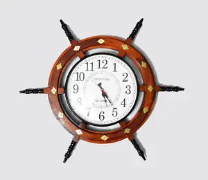24 Inch Nautical Premium Wall Clock Ship Wheel Clock with Directional Pirate WHITE Dial Face with Brass Anchor Script Wooden