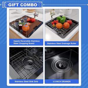 Évier de cuisine noir évier de bar à cuvette unique avec rail unique, évier de préparation en acier inoxydable noir avec plusieurs accessoires - Product Image 2