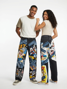Regular Fitted Unisex Graphic Print Patchwork Denim Pants Wide Leg Streetwear Cartoon Style Casual Fashion Denim Trousers Women - Product Image 2