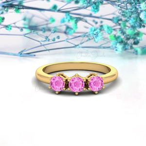 Producto de Venta caliente 14K Oro sólido 4mm Tres piedras Corte redondo Anillo de zafiro Rosa natural Proveedor de joyería de piedra natal de septiembre - Product Image 2