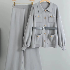 ชุดเสื้อถัก2ชิ้นแบบกระดุมแถวเดียวสำหรับผู้หญิงชุดเสื้อสเวตเตอร์แบบถักพร้อมเข็มขัดกางเกงขากว้าง - Product Image 3