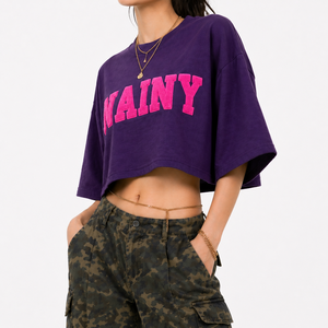 Camiseta Corta Oversize para Mujer con Bordado Chenille, Ajuste Holgado, Algodón, Estilo Urbano, Moda de Verano - Product Image 5