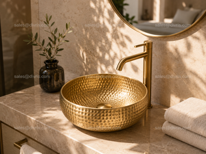 DIVRIS DRC-2026 Lavabo vasque rond en laiton martelé fait main, finition polie, style rustique pour salle de bain, épaisseur 3-5mm, compatible robinet - Product Image 2