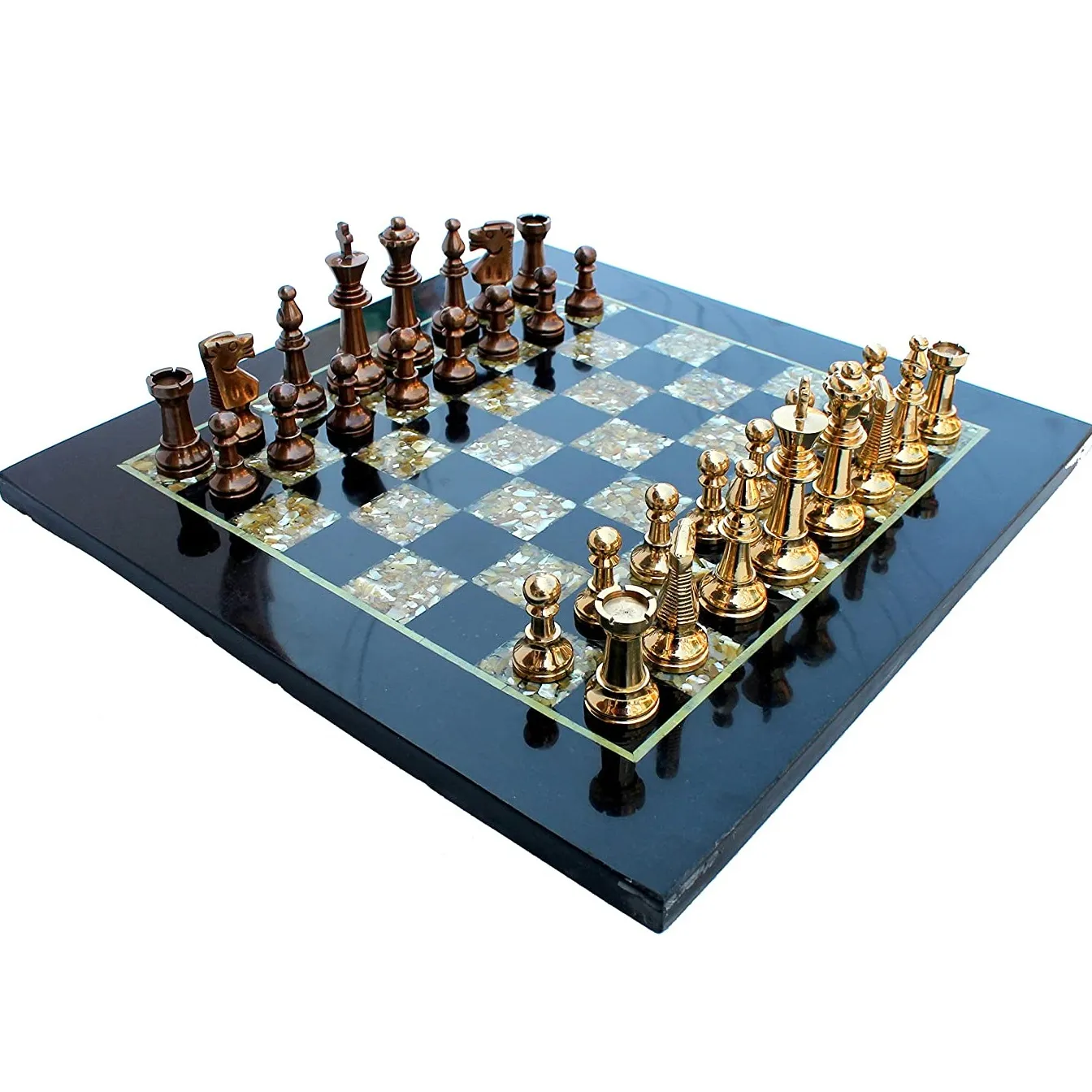 Juego de mesa de ajedrez, hecho con mármol negro, Perla Madre y piezas de latón (15 "x 15")