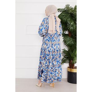 Vestido Hijab de satén de viscosa con estampado abotonado Cintura imperio Cuello alto Media manga Longitud Moda islámica para el verano - Product Image 3
