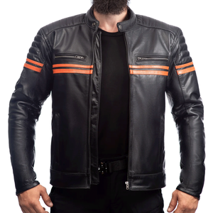 Biker Leather Jacket with Orange Stripes Classy Waterproof Road Protected Motorbike Jacket For Men - Product Image 6