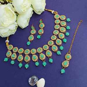 Cristal indien Kundan diamant collier de mariée ensemble larme goutte fausse perle boucles d'oreilles Mangtikka bijoux cadeau de fête de mariage - Product Image 2