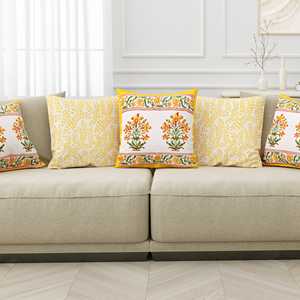 Housse de coussin en coton jaune paisley imprimé bloc Rajasthani fait à la main ensemble de 5 pièces - Product Image 1