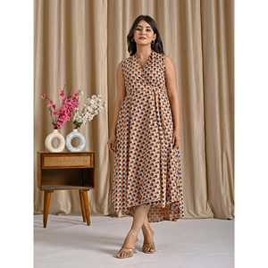 Vestido Asimétrico Estampado de Algodón Butti Beige y Azul, Casual y Elegante, Ropa de Mujer ODM, Transpirable, Talla Única XL, Cintura Natural - Product Image 4