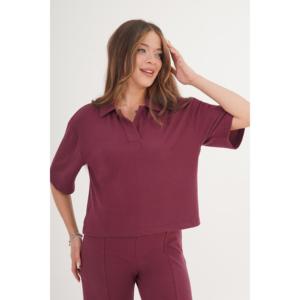Blusa de Manga Corta con Cuello Camisero Color Borgoña para Mujer, Marca Lustrin, con Detalles de Adorno, Elegante Mezcla de Poliéster y Viscosa para Negocios - Product Image 1