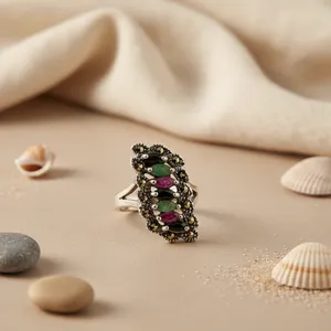 925 Silver Multi-Gemstone <b>Statement</b> <b>Ring</b> for Women Fine Jewelry with Geometric Pattern Cut Garnet Main Stone Platinum Material - Product Image 1
