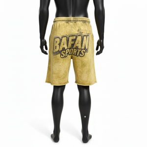 Shorts en coton French Terry épais 340 GSM, délavés à l'acide, jaunes, avec logo clouté, pour homme - Product Image 2