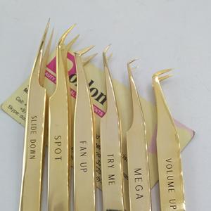 Pinzas para pestañas antiestáticas de precisión chapadas en oro profesional, pinzas para pestañas con volumen L de acero inoxidable con logotipo privado - Product Image 1
