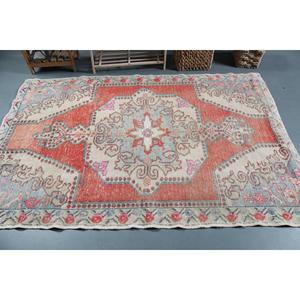 Vintage Turkish Rug, 4.4x6.9 ft Rug, <b>Red</b> Patchwork <b>Wool</b> Rug - Product Image 3