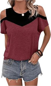 Camiseta de hombro frío para mujer Bloque de color Camisetas de manga corta con cuello redondo Tops de verano - Product Image 6