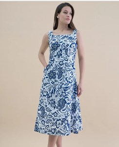 Vestido elegante moderno para mujer, blanco con estampado Floral azul, cuello redondo, manga Regular, vestido tubo, satén, cintura Natural - Product Image 1