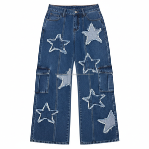 Pantalones Vaqueros Anchos Y2K con Parches de Estrellas para Mujer - Pantalones de Mezclilla Cargo de Cintura Alta y Corte Holgado - Estilo Urbano Desgastado - Product Image 5