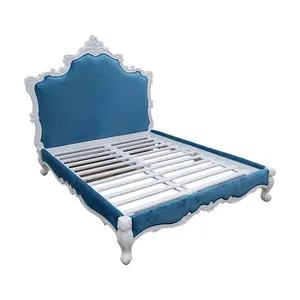 Simple elegante rococó marco de la cama de madera maciza bebé azul tapizado blanco acabado francés clásico moderno dormitorio muebles