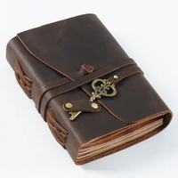 Carnet promotionnel fait main en cuir marron-noir antique 7x5 pouces avec sangle de fermeture à clé, personnalisable, 200 feuilles de papier vintage