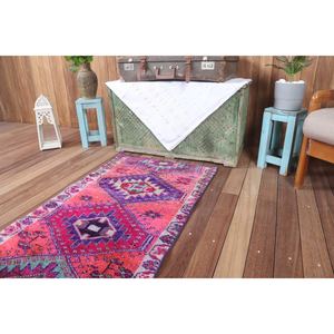 พรมตุรกีโบราณขนาดเล็ก Herki 2.3x4.3 ฟุต สีชมพูลายเรขาคณิต - Product Image 5