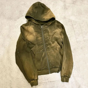 Accept Custom Logo Vintage French Terry Oversized Heavy Cotton Acid Wash Sun Faded Patch Rhinestone <b>Zip</b> up Hoodie for Men - Product Image 4