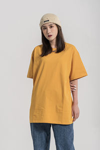 เสื้อยืดคอกลมแขนสั้นสำหรับผู้ชายและผู้หญิง, เสื้อยืดสีพื้นสำหรับคู่รักผ้าฝ้ายขนาดใหญ่พิเศษ250กรัม - Product Image 4